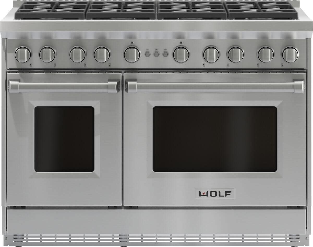 48 Inch Pro-Style Gas Range with 8 Dual-Stacked Sealed Burners, 6.9 cu. ft. Total Capacity, Infrared Broiler, Continuous Cast-Iron Grates, Red Control Knobs, Island Trim, and Star-K Certified: Natural Gas