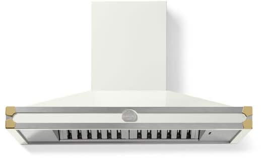43 Inch Wall Mount Chimney Range Hood with 600 CFM, Four Speed Variable Motor, Remote Control, Halogen Lights, and Dishwasher Safe Filters: Pure White with Stainless Steel and Polished Brass Trim