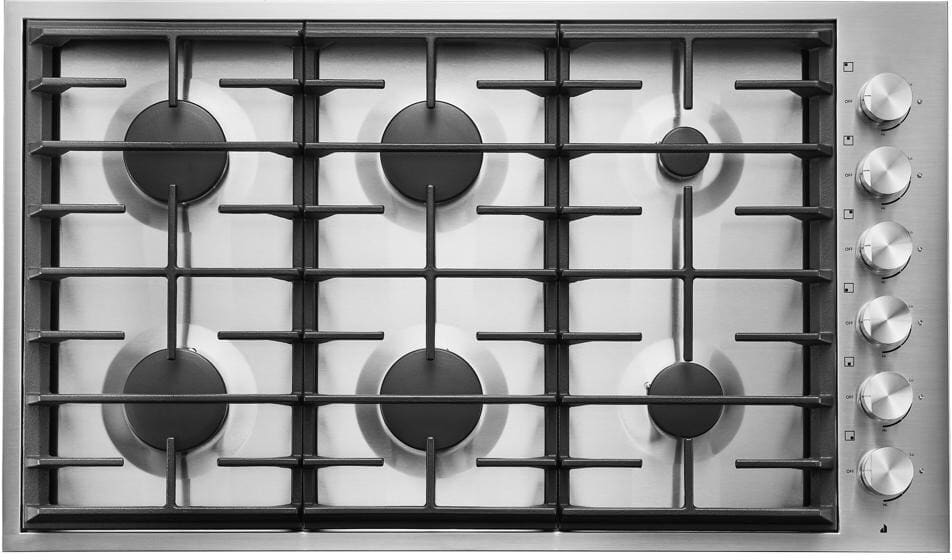 36 Inch Gas Cooktop with 6 Sealed Burners, Cast Iron Continuous Grates, 18,000 BTU Brass PowerBurner, 6,000 BTU Brass Simmer Burner, Single Point Electronic Ignition, White LED Burner Indicator, Prop 65, UL, and ADA Compliant