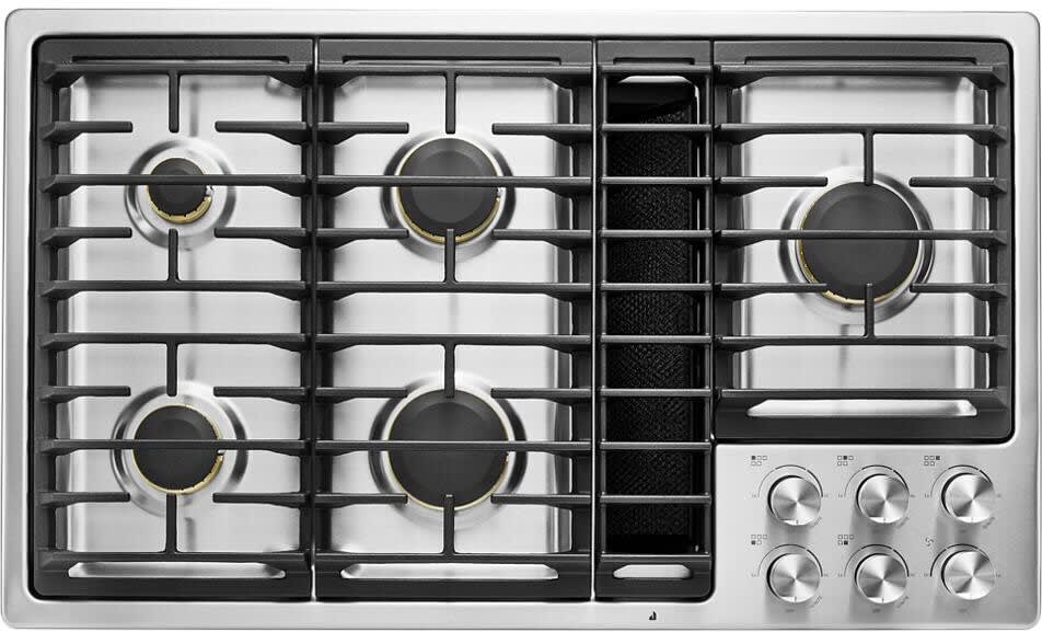 36 Inch Gas Cooktop with 5 Sealed Burners, Continuous Grates, 17,000 BTU Ultra-High Output Burner, 5,000 BTU Ultra-Low Output Burner, 3-Speeds, JX3™ Downdraft Ventilation System, Prop 65, ADA Compliant, and UL Certified