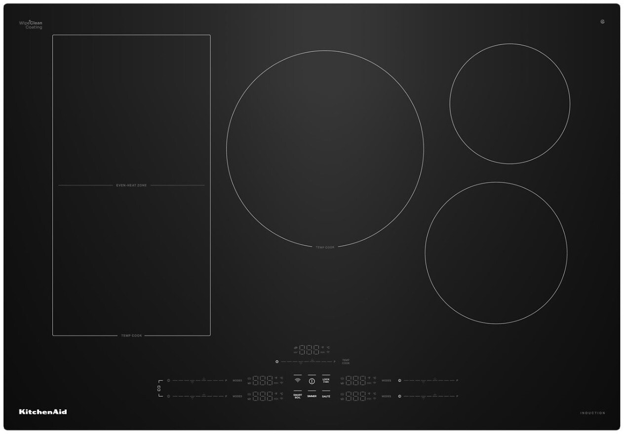 Induction Smart Cooktop with 5 Heating Zones, Even-Heat™ Zone, Temp Cook™ Technology & Smart Presets, WipeClean™ Coating, Voice Control, Backlit Touch Controls, Power Boost Function, Pan Size Detection, KitchenAid® App and Energy Star® Certified: 30 Inch Width with Edge-to-Edge Glass (No Trim)