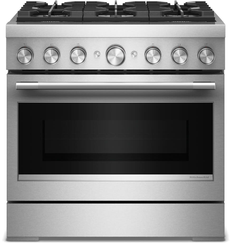 36 Inch Slide-In Commercial-Style Dual Fuel Range with 6 Sealed Burners, 5.1 cu. ft. Oven Capacity, Dishwasher Safe Continuous Grates, Even-Heat™ True Convection, Self-Cleaning, No Preheat Air Fry Mode, Sabbath Mode, and Star-K Certified: Stainless Steel