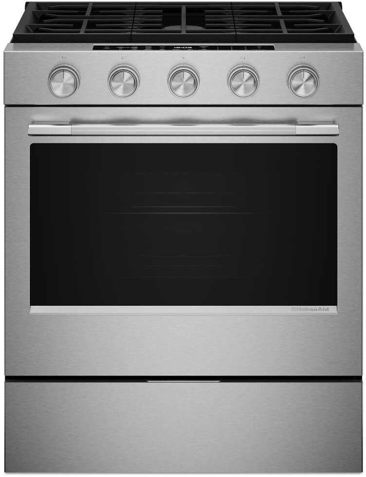 30 Inch Slide-In Smart Gas Range with 5 Sealed Burners, 5.0 cu. ft. Oven Capacity, 2-in-1 Burner, Even-Heat™ True Convection, Rapid Boil, Continuous Cast-Iron Grates, Air Fry, LCD Glass Touch Controls, Sabbath Mode and Energy Star® Certified: PrintShield™ Stainless Steel