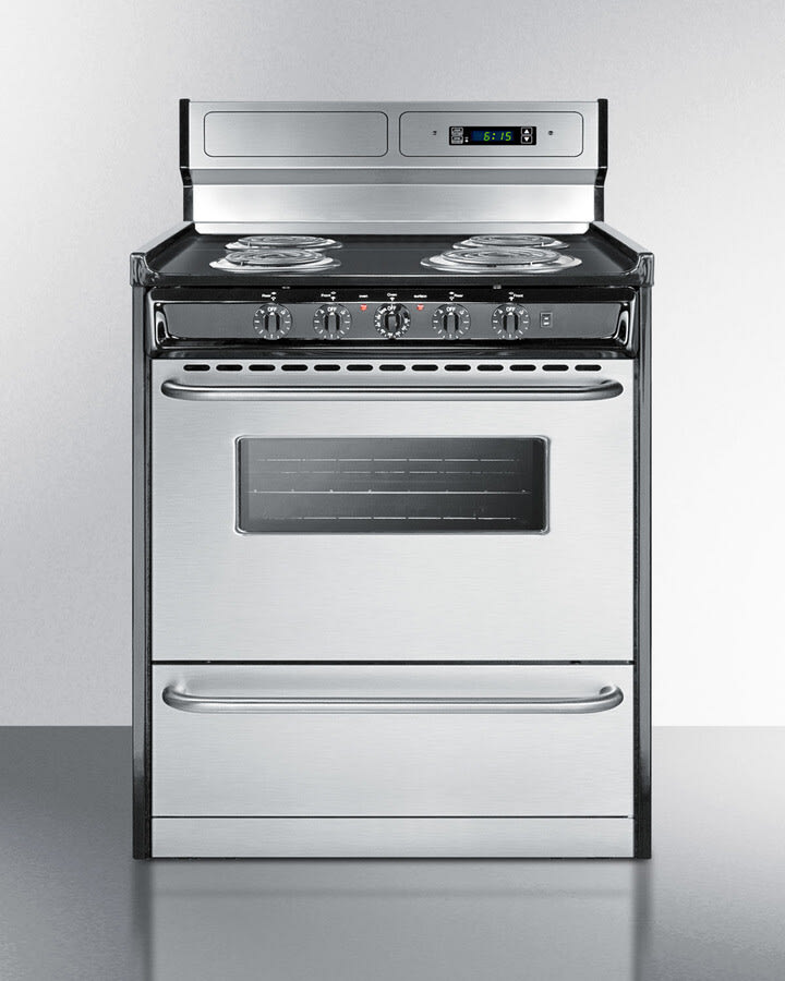 30 Inch Freestanding Electric Range with 4 Coil Elements, 3.7 cu. ft. Oven Capacity, Storage Compartment, Oven Window, Adjustable Oven Racks, Chrome Drip Pans, High Deluxe Backguard, Waist-High Broiler, and ADA Compliant