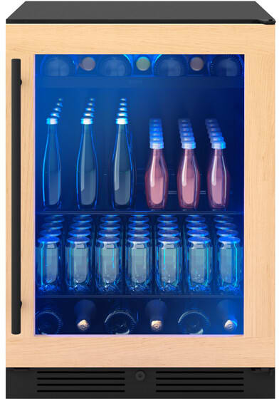 24 Inch Built-In Beverage Center with 5.6 cu. ft. Capacity, Full-Extension Black Wood Rack, Slide-Out Glass Shelf, PreciseTemp™, Active Cooling Technology, Vibration Dampening System, 3-Color LED Lighting, and Sabbath Mode