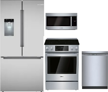 4 Piece Kitchen Appliances Package with French Door Refrigerator, Electric Range, Dishwasher and Over the Range Microwave in Stainless Steel