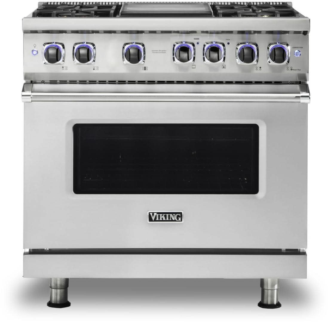 36 Inch Freestanding Professional Gas Range with 4 Elevation™ Burners, 5.1 cu. ft. Oven, Continuous Grates, Reversible Griddle/Grill, SoftLit™ Lights, SureSpark™ Ignition, VariSimmer™ Setting, TruGlide™ Racks, GentleClose™ Door, Proflow™ Baffle, 6 Cooking Modes, and RackView™: Stainless Steel, Natural Gas