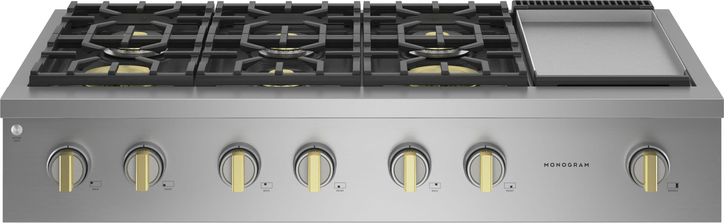 48 Inch Slide-In Professional Gas Rangetop with 6 Sealed Burners, Continuous Grates, Griddle, Stainless Steel Griddle Cover, Custom Color LED Accent Lighting, Reversible Wok Grates, WiFi Compatible, CSA and ADA Compliant
