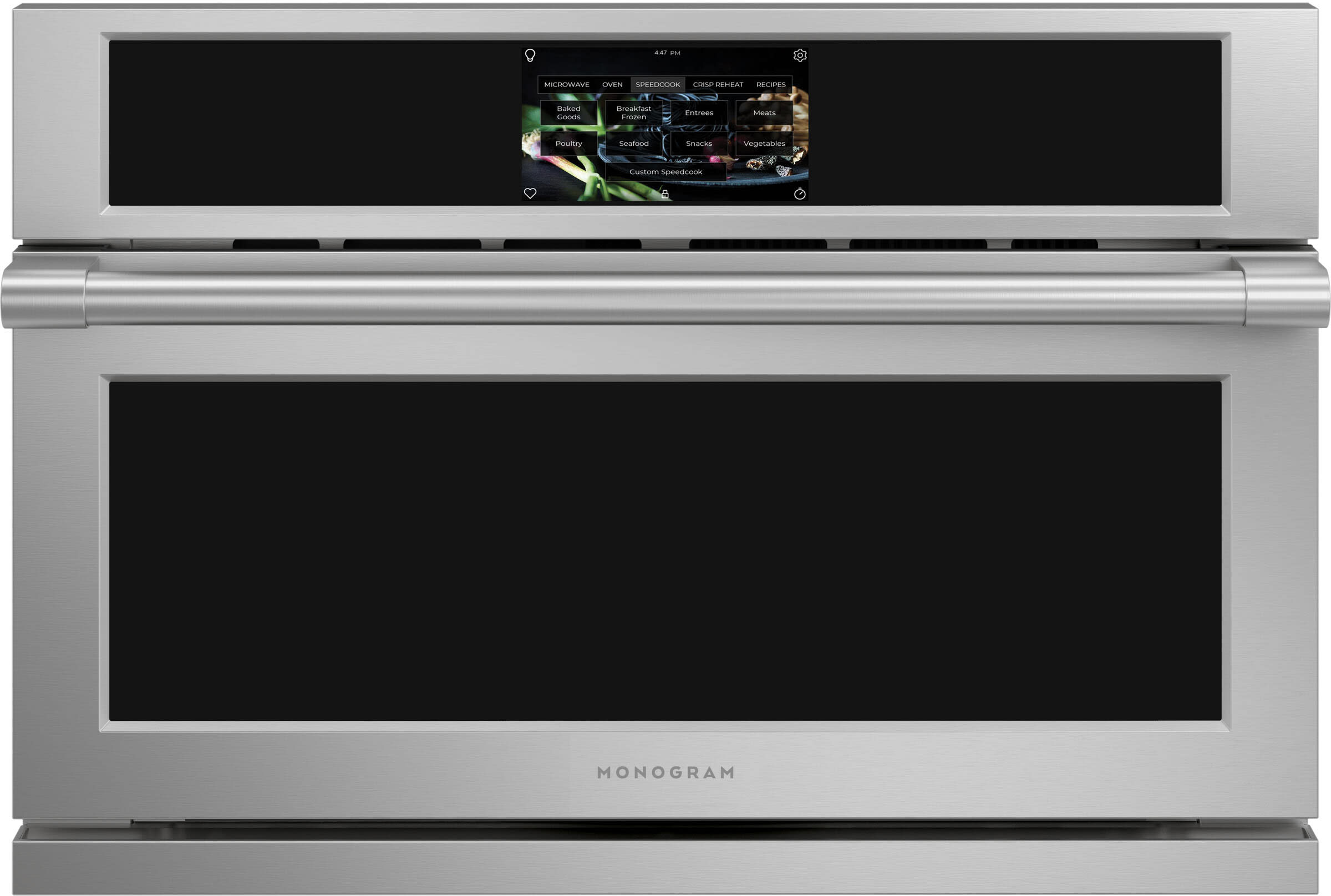 30 Inch Combination Electric Wall Oven with 1.7 cu. ft. Oven Capacity, Five-In-One Advantium™ Technology, True European Convection, Speedcook Modes, Microwave Sensor Cooking, Toaster Oven, Warming/Proofing Oven, 7" LCD Touchscreen Control Display, In-Oven Camera, Wi-Fi Connected, Auto Recipe Conversion, Glass Turntable, Timer and Steam Clean