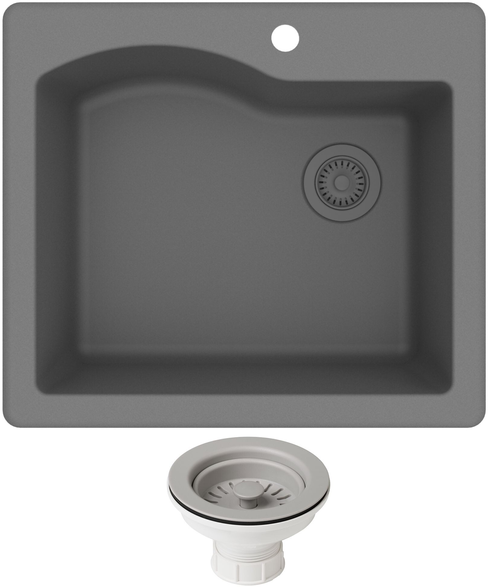 Kraus KGD-441GREY-PST1-GR Quarza 25 Dual Mount Single Bowl Granite Kitchen Sink & Strainer, Grey