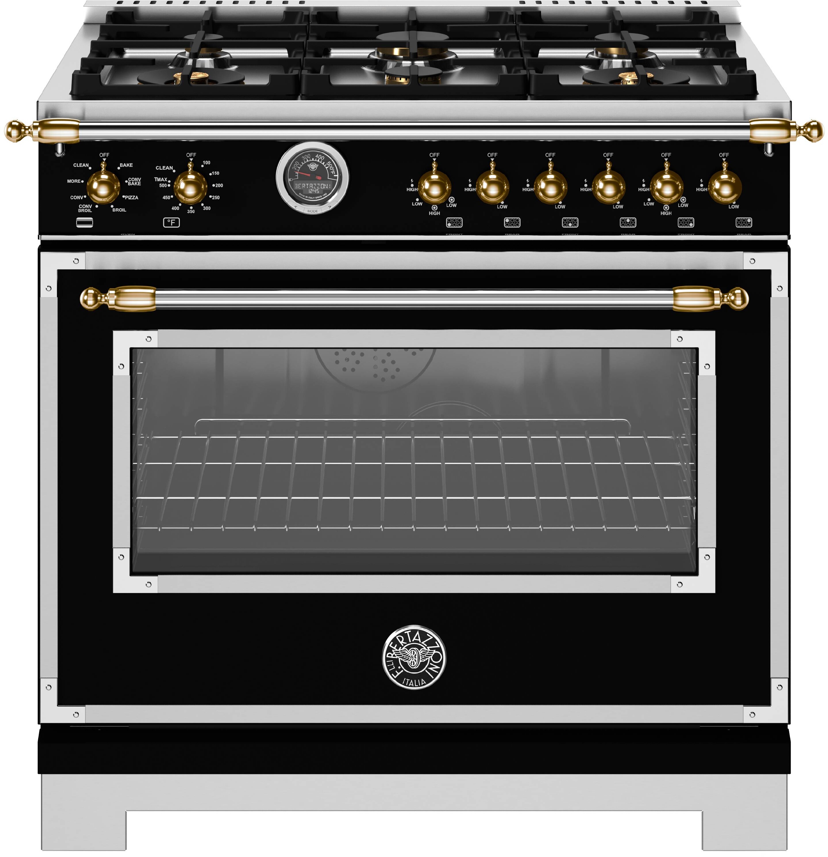 Bertazzoni HER366BCFEPNG Heritage Series 36 inch Dual Fuel Range with 6 Burners, Cast Iron Griddle, 5.7 cu. ft. Oven Capacity, Air Fry and Self Cleaning (Nero Matt)