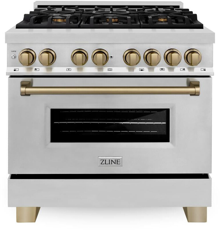 ZLINE RAZ36CB 36 inch Autograph Edition Legacy Series Dual Fuel Range with 6 Italian-Made Sealed Burners, 4.6 cu. ft. Oven Capacity, Convection Cooking and StayPut Oven Door Hinges (Stainless Steel, Champagne Bronze)