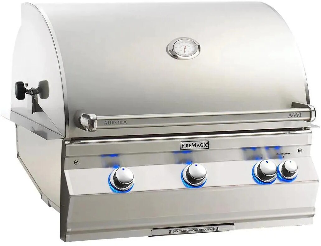 Fire Magic A660I8EAN Aurora 30 inch Built-In Gas Grill with 660 sq. in. Cooking Area, 75000 BTU, Back Burner, Flavor Grids, Analog Thermometer, Diamond Sear Cooking Grids, in Stainless Steel (Natural Gas)