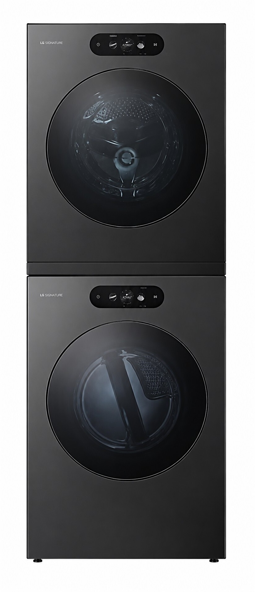 LG SIGNATURE Stacked Front Load Washer and Gas Dryer Set in Black Steel LGWADRGHBA99012