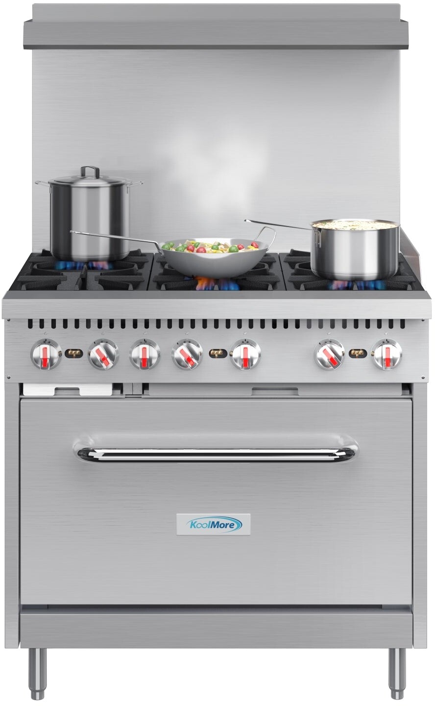KoolMore KMCR36LP 36 inch 6 Burner Commercial Gas Range with Oven with, Easy-to-Clean Unit, High-Performance Burners, in Stainless Steel  (Liquid Propane)