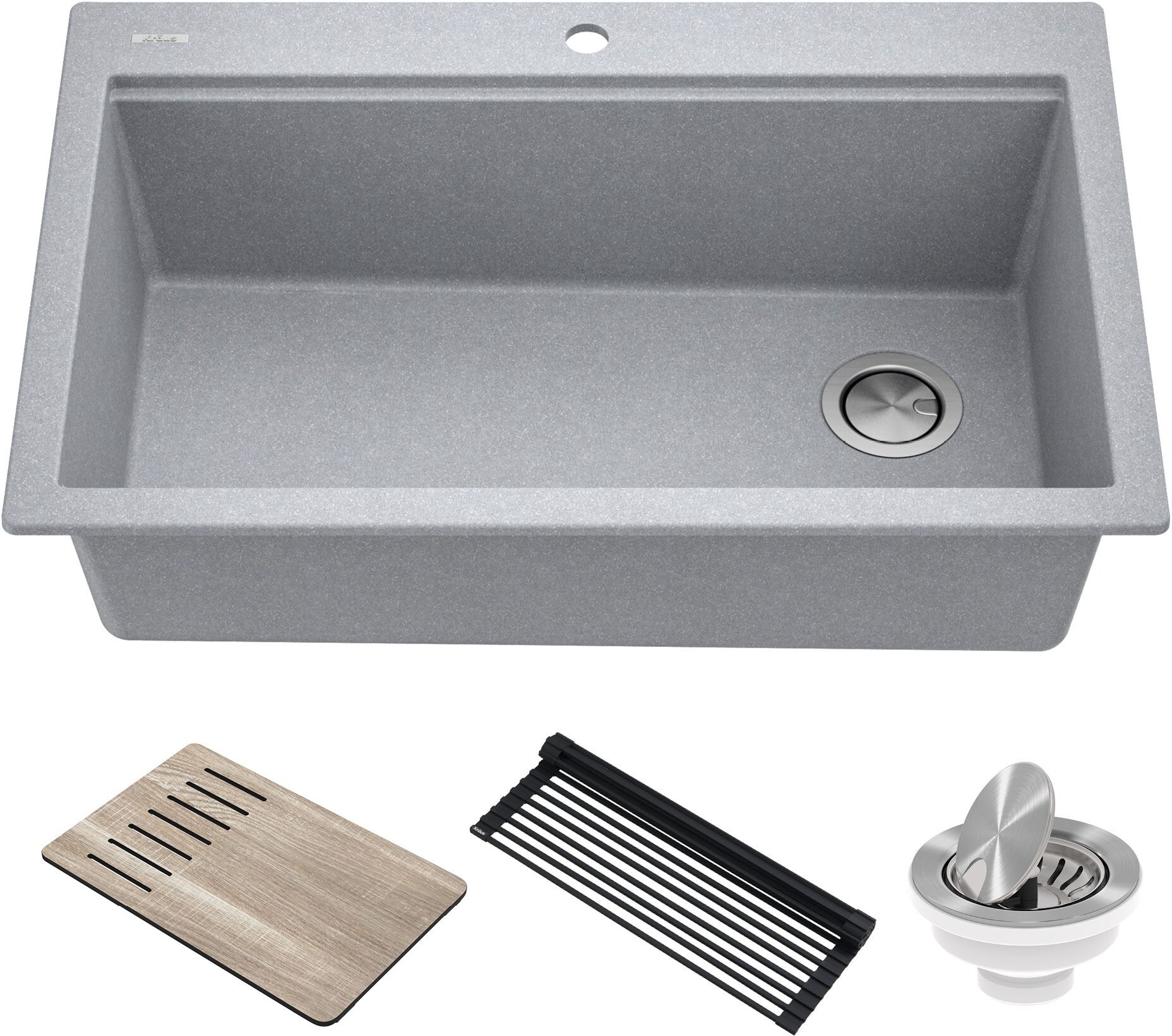 Kraus KGTW2-33MGR 33 in. Bellucci Workstation Drop-In Granite Composite Single Bowl Kitchen Sink with Accessories, Metallic Gray