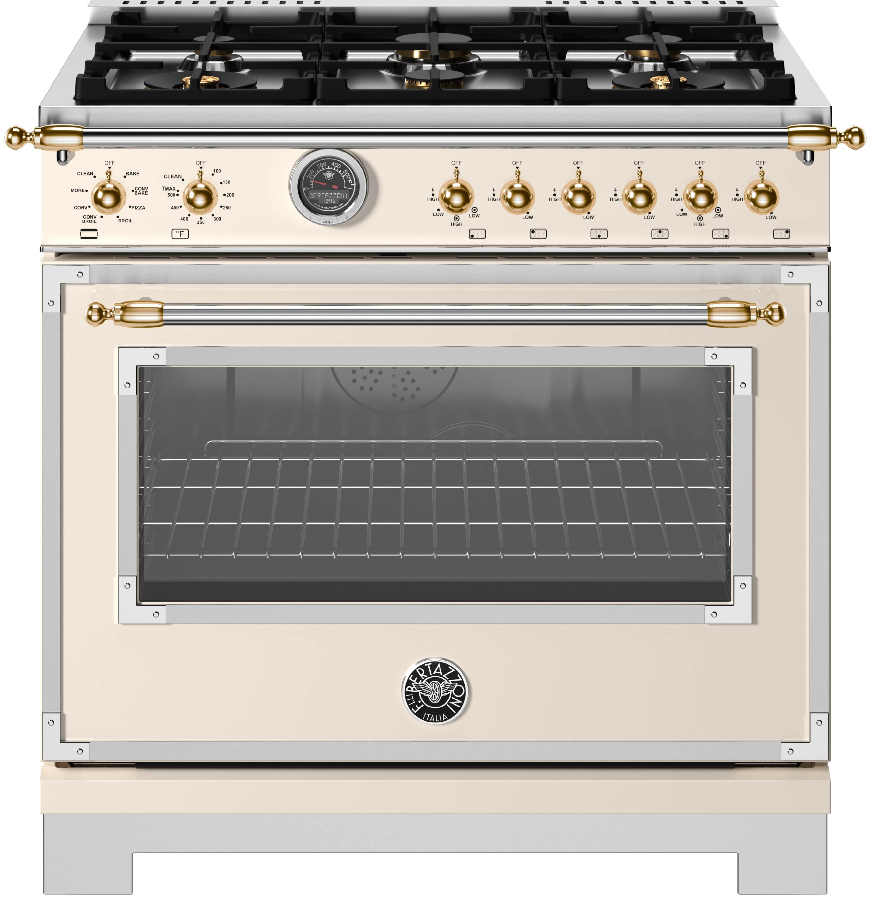 Bertazzoni HER366BCFEPAG Heritage Series 36 inch Dual Fuel Range with 6 Burners, Cast Iron Griddle, 5.7 cu. ft. Oven Capacity, Air Fry and Self Cleaning (Avorio)