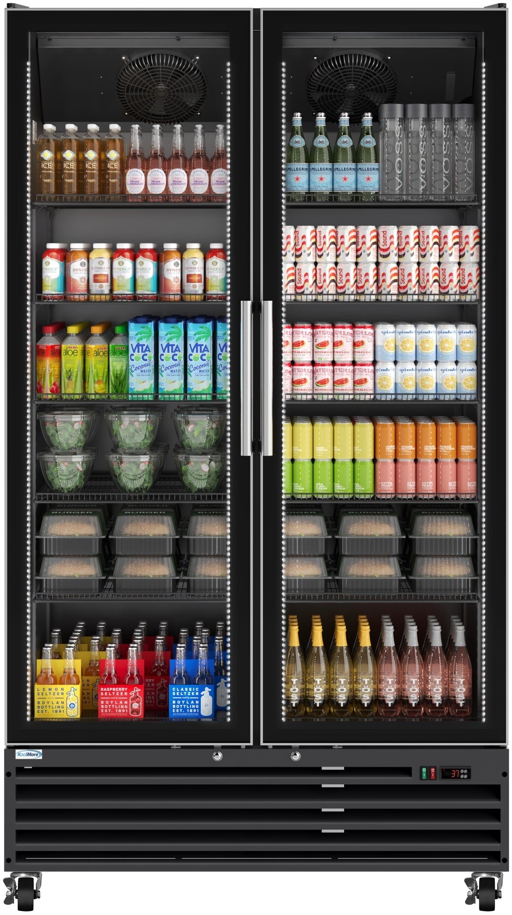 KoolMore KMMDR2GD35CNLBK 45 inch Freestanding Two-Door Commercial Display Merchandiser Refrigerator with Capacity 35 cu. ft. Capacity, Bright LED Lighting, Secure Storage, in Black