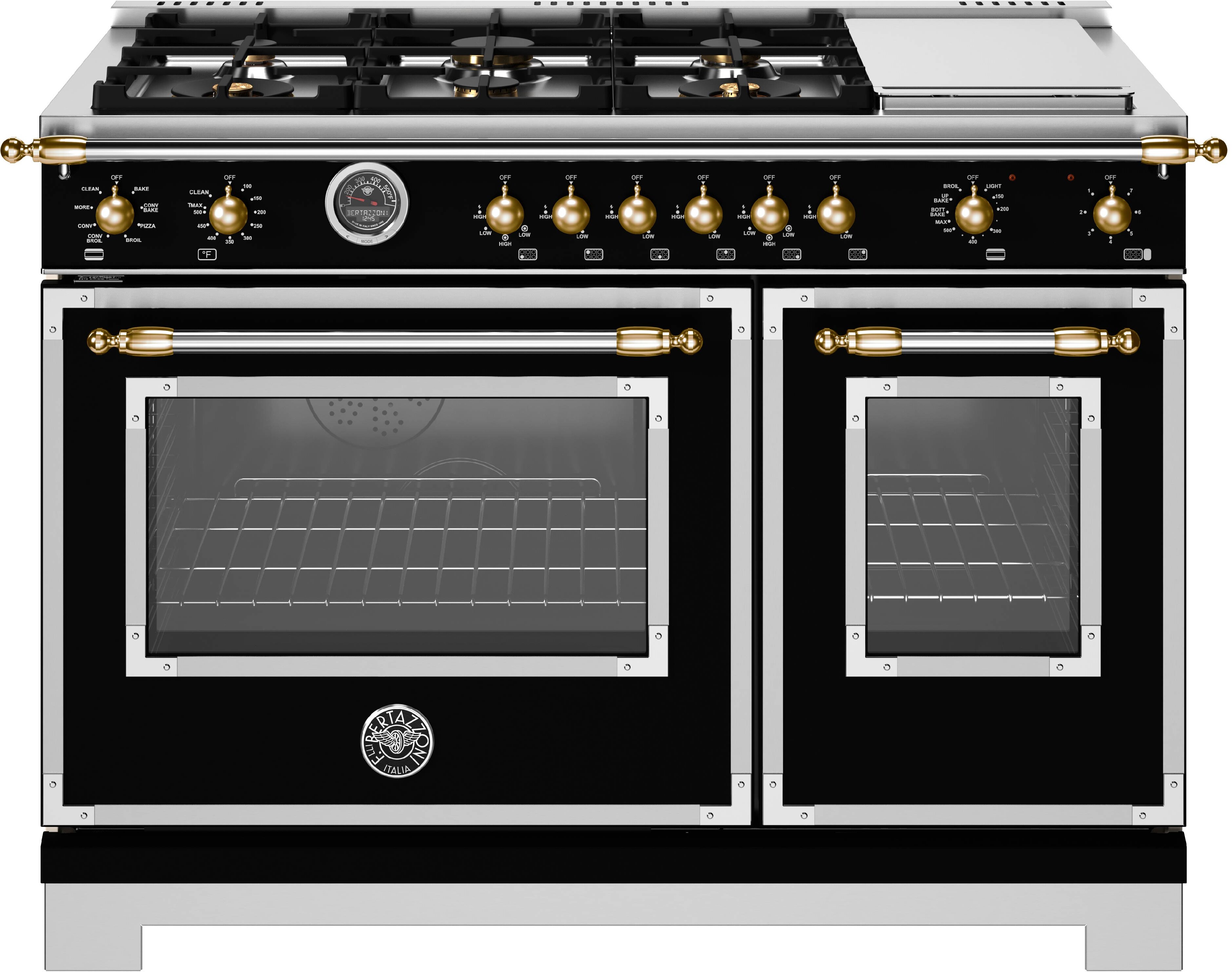 Bertazzoni HER486BTFEPNG Heritage Series 48 inch Dual Fuel Range with 6 Burners, Electric Griddle, 7 cu. ft. Oven Capacity, Air Fry and Self Cleaning (Nero Matt)