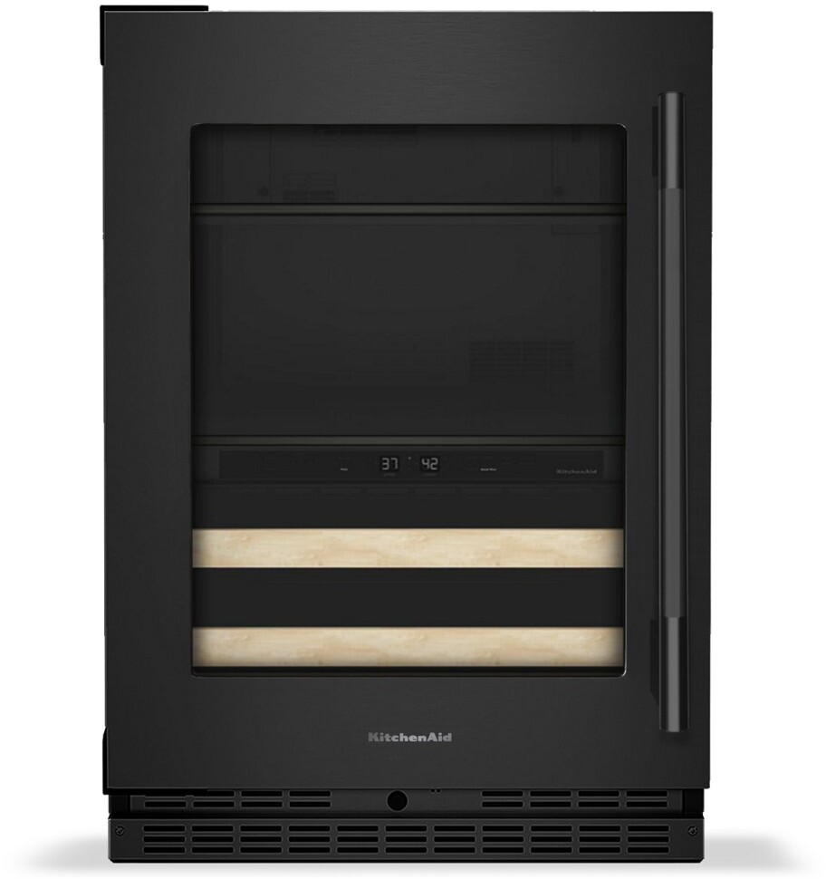 KitchenAid 24" Beverage Center w/ Glass Door & Wood-Front Racks in Black Ore KUBL524SBE — FIN-0000158 | Fridge.com