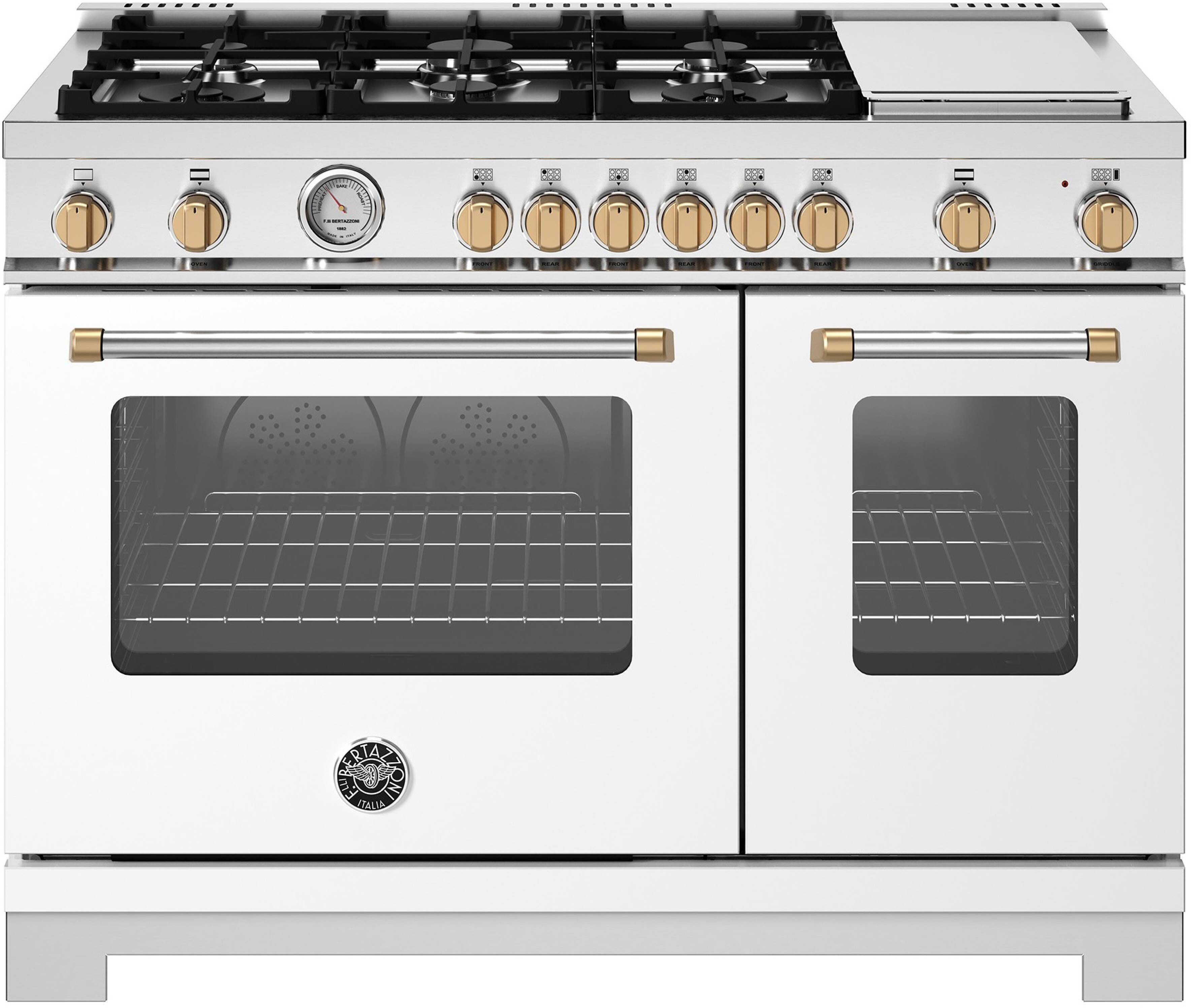 Bertazzoni MAS486GDFMBG Master Series 48 inch Dual Fuel Range with 6 Burners, Electric Griddle. 7.1 cu. ft. Total Oven Capacity and Dual Convection (Bianco Matt)