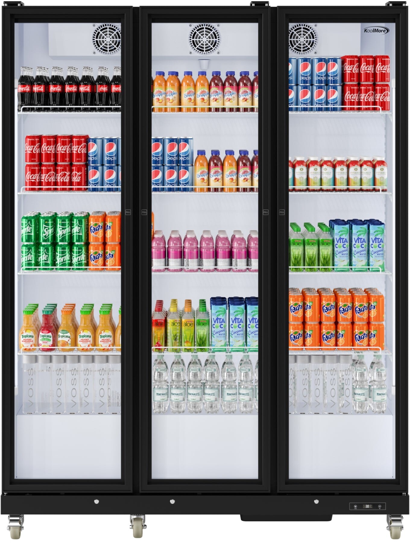 KoolMore KMMDR3FGD 71 inch Freestanding Commercial 3 Fully Glass Door Merchandiser Refrigerator with 46 cu. ft. Capacity, Energy Efficient Design, Easy Mobility, Automatic Defrost, in Stainless Steel