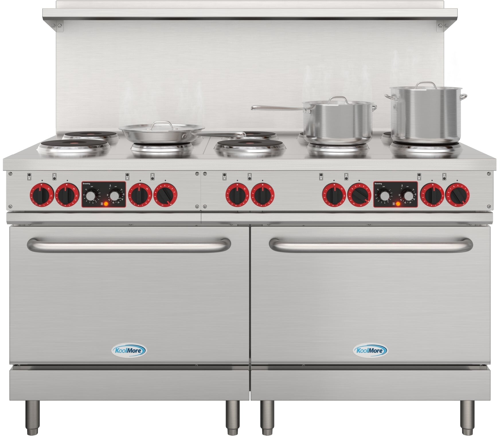 KoolMore KMCR60E 60 inch Commercial Electric Range with 10 Burners and 2 Standard Electric Oven, Six Powerful Burners, Spacious Oven Cavity, Easy-to-Clean, Manual Control, in Stainless Steel
