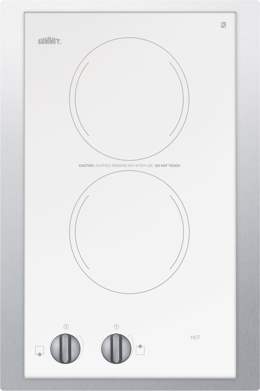 Summit CR2110WHTK15 115V European Two-Burner Radiant Cooktop in White Glass with Stainless Steel Frame for 15" Wide Counter Cutouts