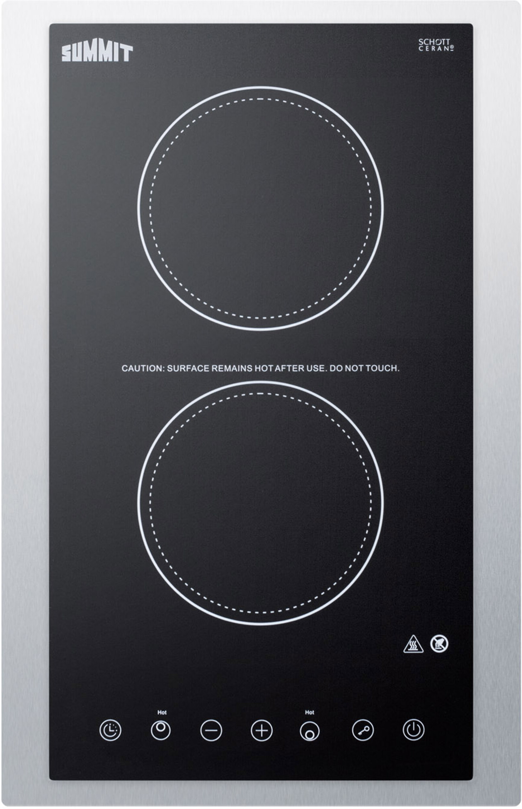 Summit CR2B15T1BTK15 2-Burner Cooktop In Black Ceramic Schott Glass With Digital Touch Controls And Stainless Steel Frame - 115V, 1200W, 9 Power