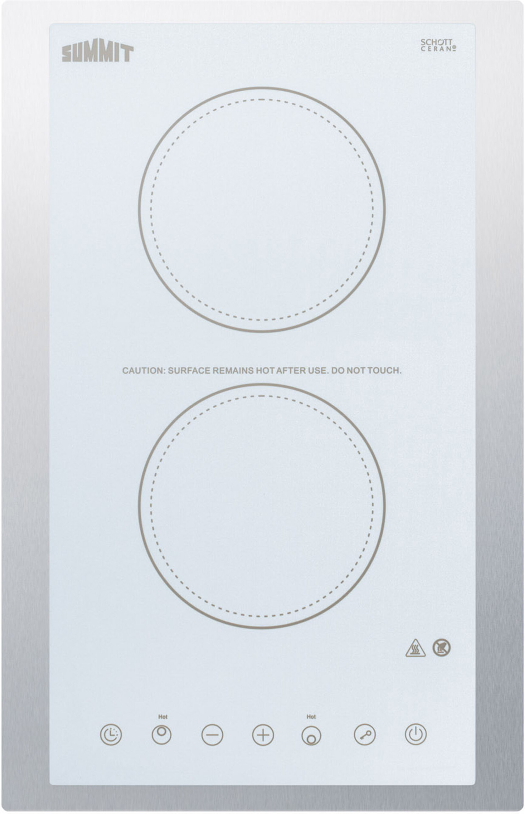 Summit CR2B15T2WTK15 2-Burner Cooktop In White Ceramic Schott Glass With Digital Touch Controls And Stainless Steel Frame For 15" Wide Counter Cutouts