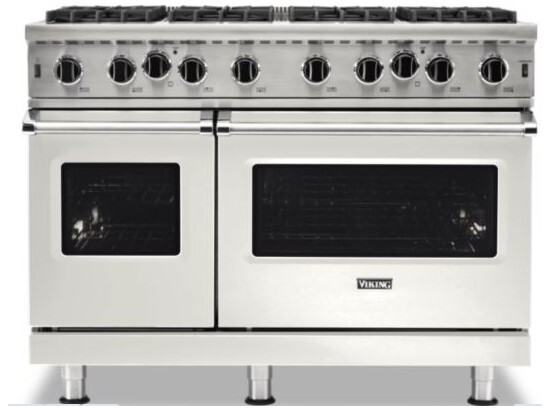 Viking VGIC54828BPW 5 Series 48 inch Freestanding Gas Range with 8 Open Burners, 6.1 cu. ft. Total Capacity, Continuous Grates, SureSpark Ignition System, ProFlow Convection Baffle (Pure White, Natural Gas)