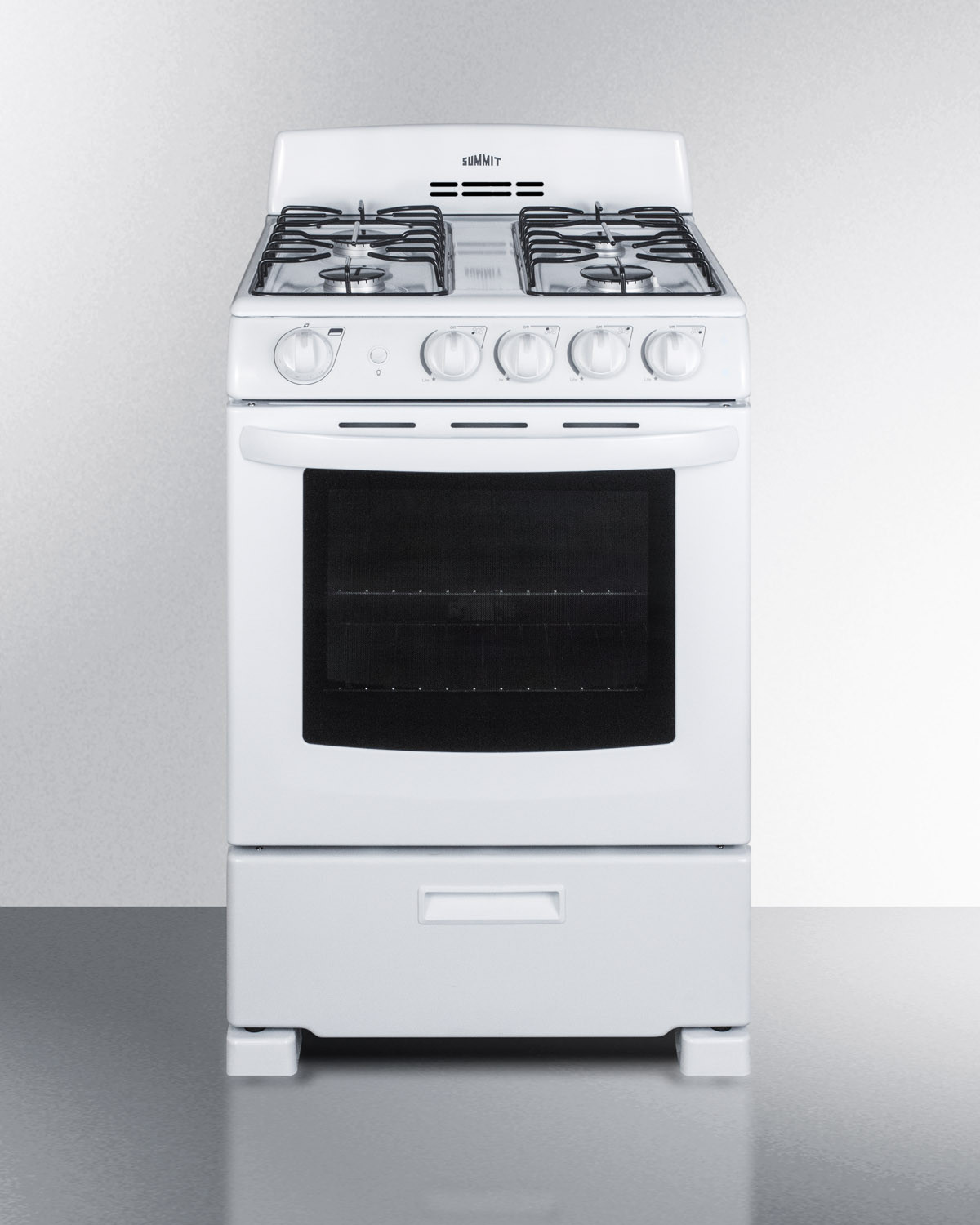 Summit RG244WS 24 inch Freestanding Gas Range with 4 Sealed Burners, 2.9 cu. ft. Oven Capacity, Electronic Ignition, Broiler Drawer, Continuous Grates, in White