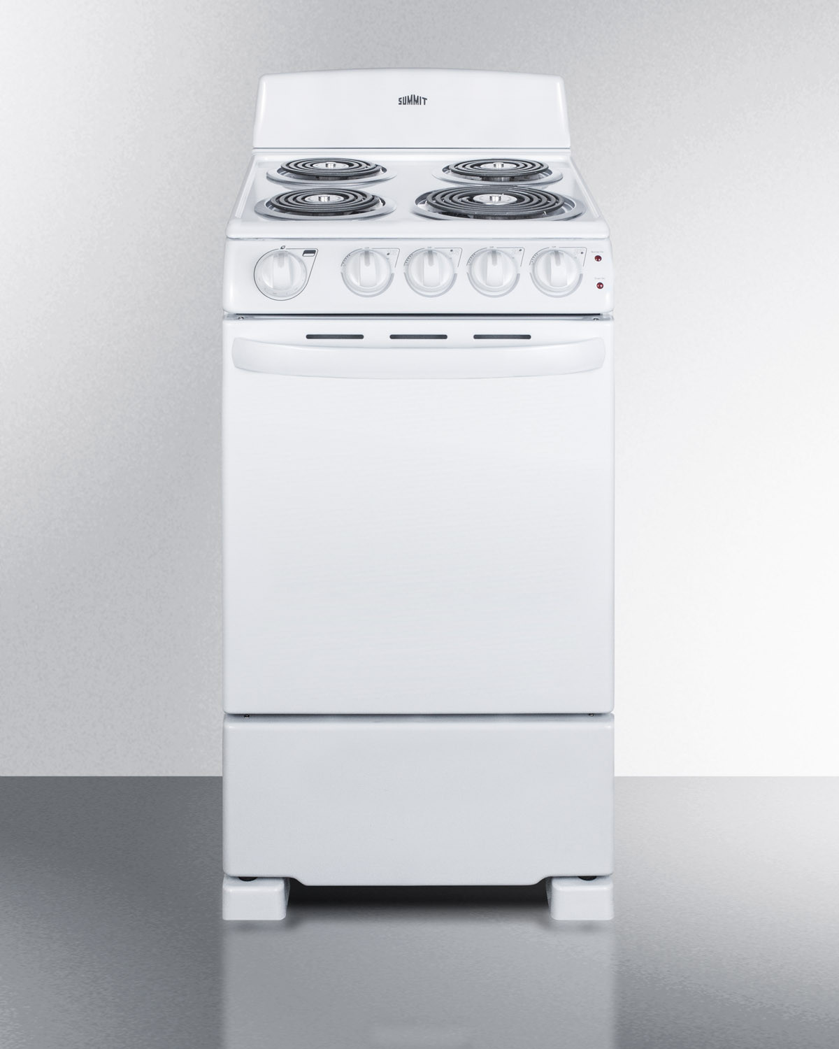 Summit RE203W 20 inch Electric Range with 4 Coil Elements, 2.3 cu. ft. Oven Capacity, ADA Compliant, Upfront Controls, Backsplash, and Safety Brake System for Oven Racks (White)