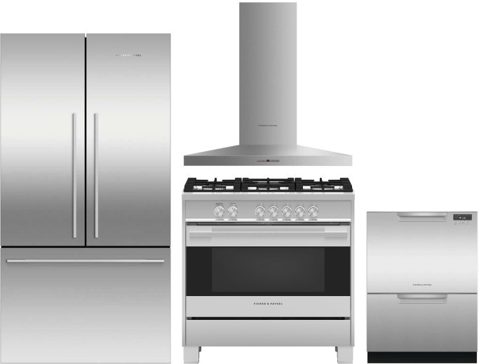 Fisher & Paykel Active Smart Contemporary 4 Piece Kitchen Appliances Package with French Door Refrigerator, Gas Range and Dishwasher in Stainless Stee