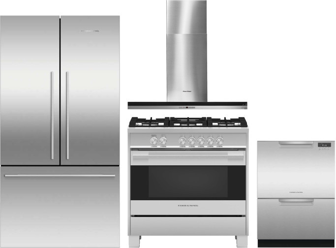 Fisher & Paykel Active Smart Contemporary 4 Piece Kitchen Appliances Package with French Door Refrigerator, Gas Range and Dishwasher in Stainless Stee