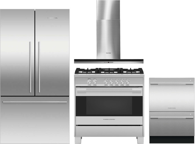 Fisher & Paykel Active Smart Contemporary 4 Piece Kitchen Appliances Package with French Door Refrigerator, Gas Range and Dishwasher in Stainless Stee