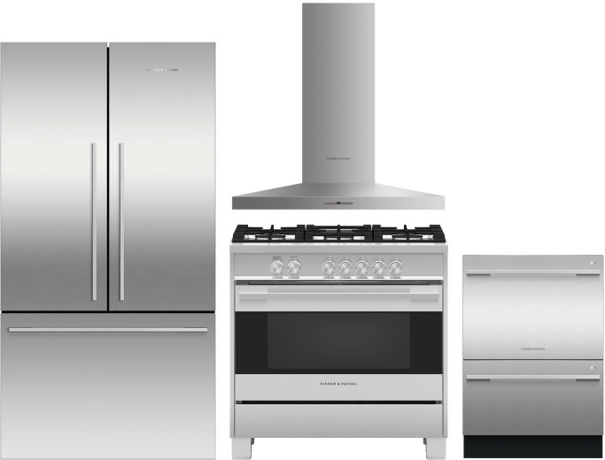 Fisher & Paykel Active Smart Contemporary 4 Piece Kitchen Appliances Package with French Door Refrigerator, Gas Range and Dishwasher in Stainless Stee