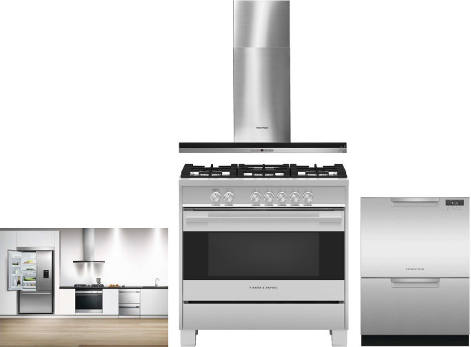 Fisher & Paykel Series 7 Contemporary 4 Piece Kitchen Appliances Package with French Door Refrigerator, Gas Range and Dishwasher in Stainless Steel FP