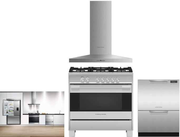 Fisher & Paykel Series 7 Contemporary 4 Piece Kitchen Appliances Package with French Door Refrigerator, Gas Range and Dishwasher in Stainless Steel FP