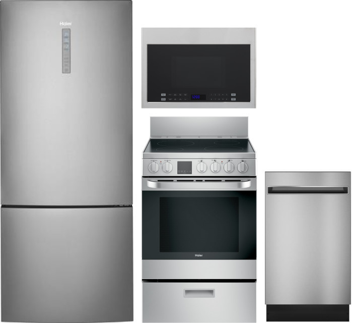 Haier 4 Piece Kitchen Appliances Package with Bottom Freezer Refrigerator, Electric Range, Dishwasher and Over the Range Microwave in Stainless Steel -  HRB15N3BGS