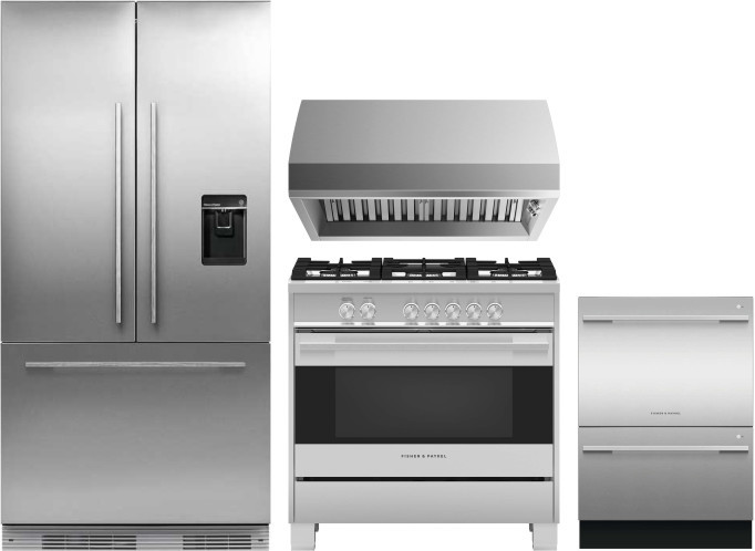 Fisher & Paykel Professional 4 Piece Kitchen Appliances Package with French Door Refrigerator, Gas Range and Dishwasher in Panel Ready FPRERADWRH446