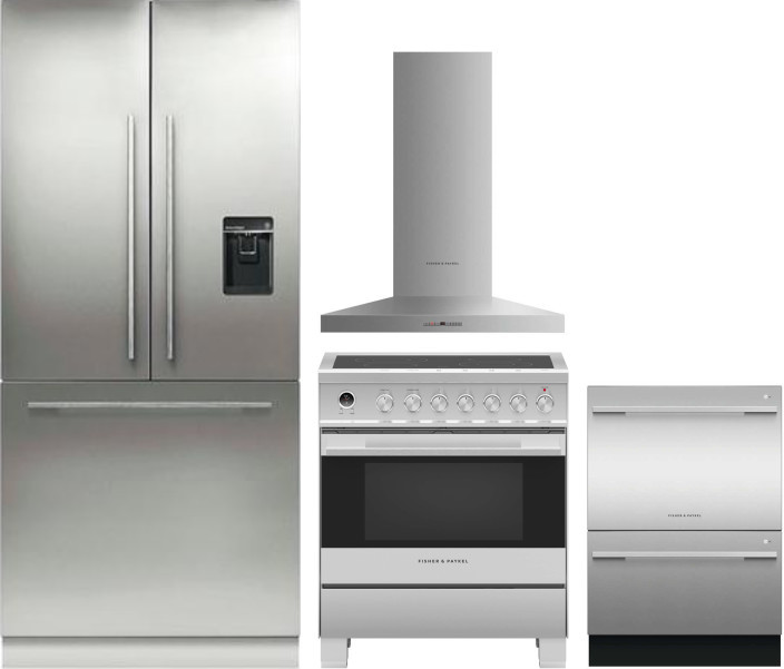 Fisher & Paykel Series 7 Contemporary 4 Piece Kitchen Appliances Package with French Door Refrigerator, Electric Range and Dishwasher in Panel Ready F