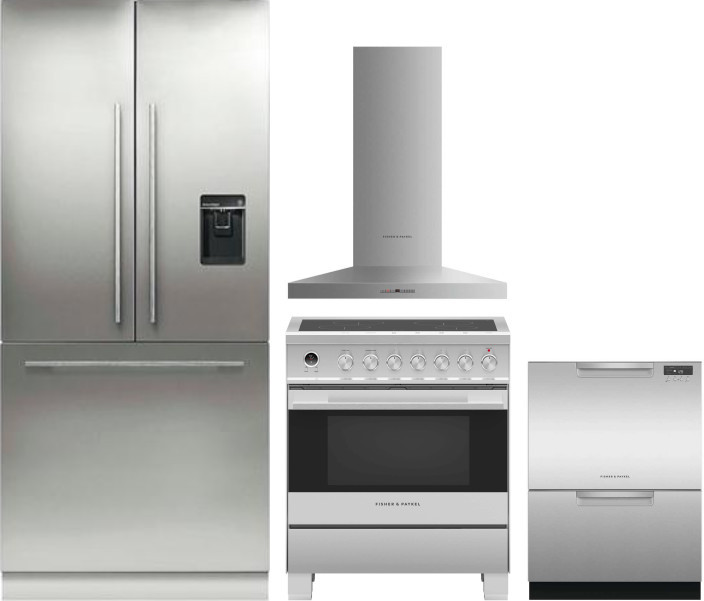 Fisher & Paykel Series 7 Contemporary 4 Piece Kitchen Appliances Package with French Door Refrigerator, Induction Range and Dishwasher in Panel Ready 
