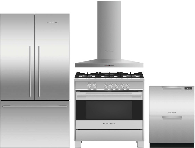 Fisher & Paykel Active Smart Contemporary 4 Piece Kitchen Appliances Package with French Door Refrigerator, Gas Range and Dishwasher in Stainless Stee