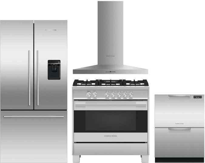 Fisher & Paykel Active Smart Contemporary 4 Piece Kitchen Appliances Package with French Door Refrigerator, Gas Range and Dishwasher in Stainless Stee
