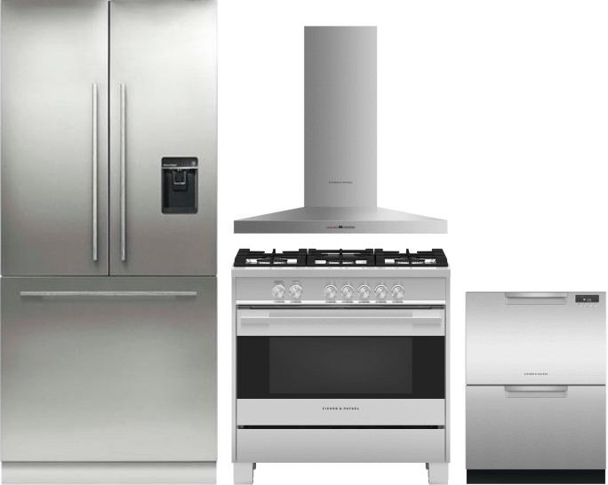 Fisher & Paykel Series 7 Contemporary 4 Piece Kitchen Appliances Package with French Door Refrigerator, Gas Range and Dishwasher in Panel Ready FPRERA