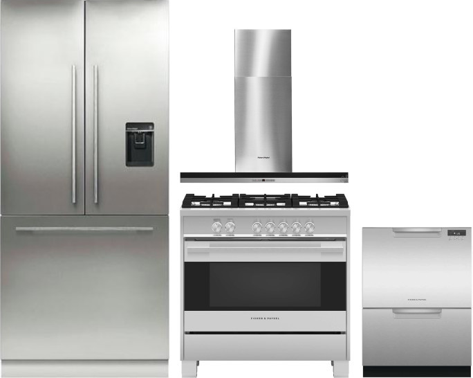 Fisher & Paykel Series 7 Contemporary 4 Piece Kitchen Appliances Package with French Door Refrigerator, Gas Range and Dishwasher in Panel Ready FPRERA