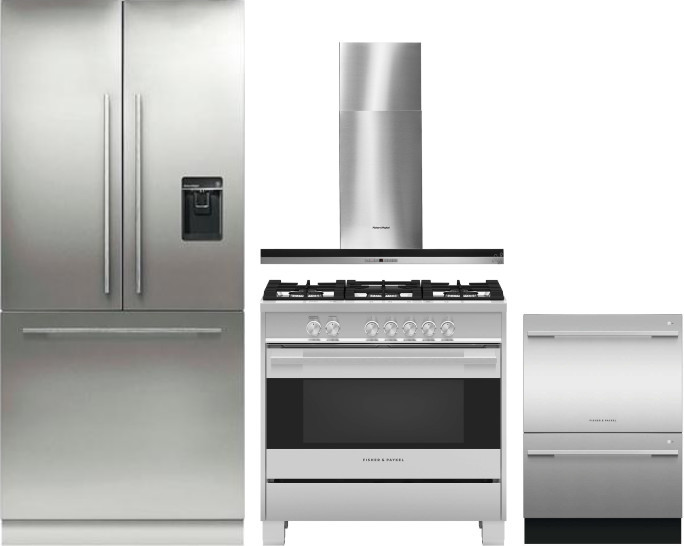 Fisher & Paykel Series 7 Contemporary 4 Piece Kitchen Appliances Package with French Door Refrigerator, Gas Range and Dishwasher in Panel Ready FPRERA