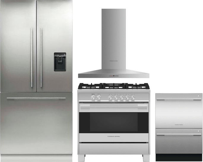 Fisher & Paykel Series 7 Contemporary 4 Piece Kitchen Appliances Package with French Door Refrigerator, Gas Range and Dishwasher in Panel Ready FPRERA