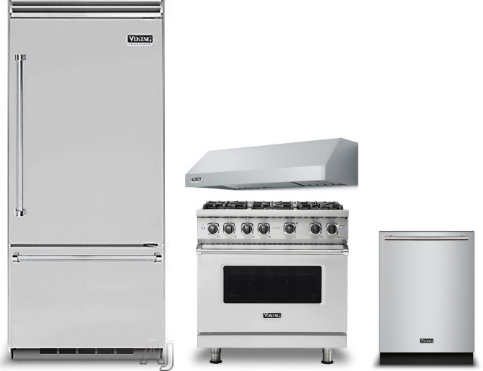 Viking 5 4 Piece Kitchen Appliances Package with Bottom Freezer Refrigerator, Gas Range and Dishwasher in Stainless Steel VIRERADWRH735